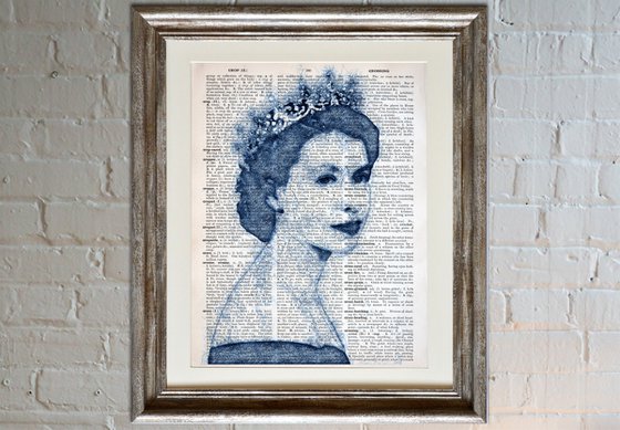 Queen Elizabeth II - Collage Art on Large Real English Dictionary Vintage Book Page