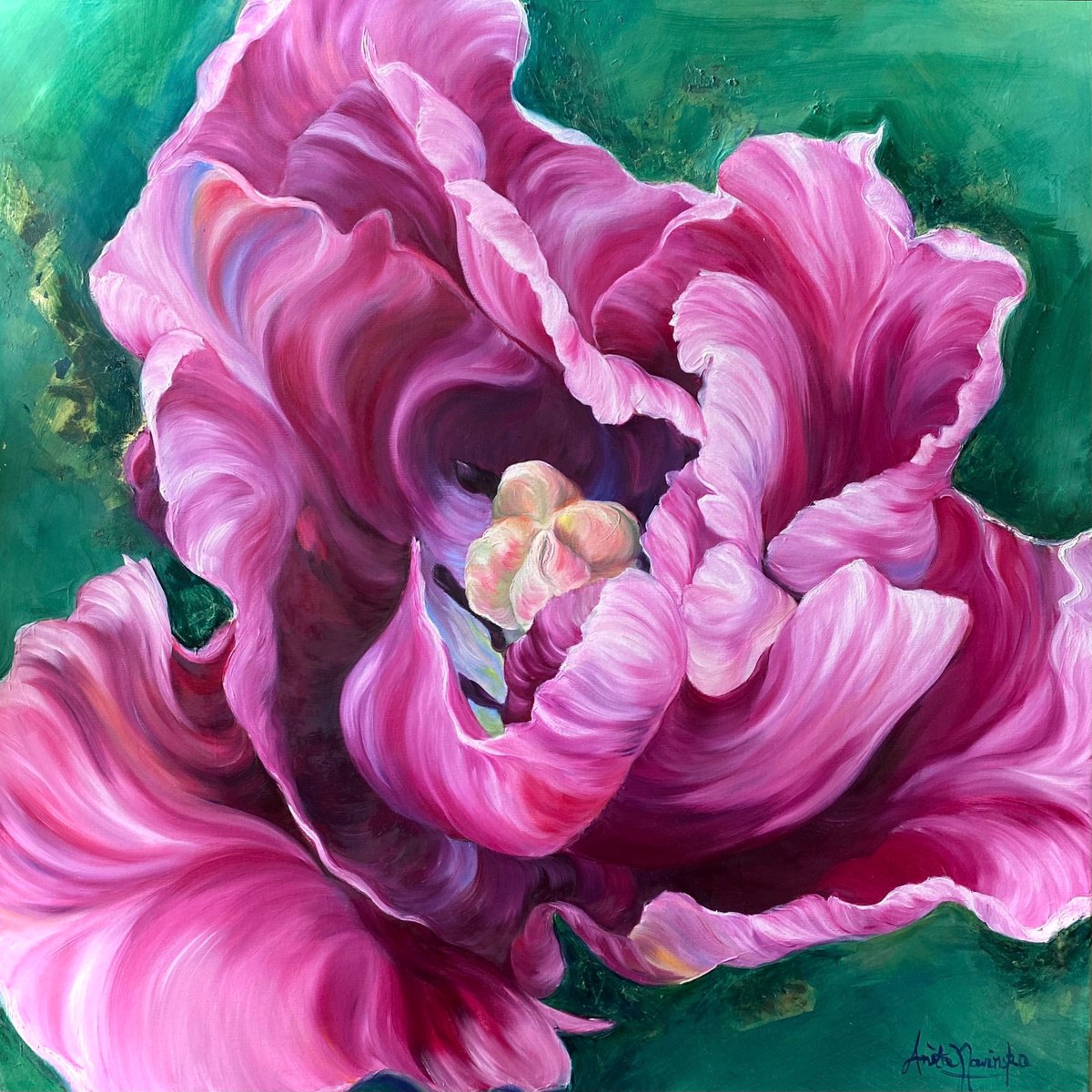 Diva- Cerise Pink parrot Tulip Flower Painting by Anita Nowinska