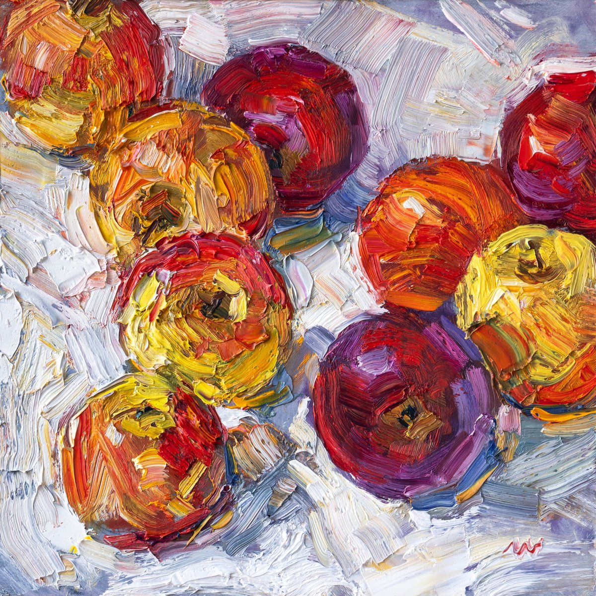 Impressionistic Still Life Oil Painting By Vasyl Moldavchuk, 12 X 12", Apples, Original Artwork