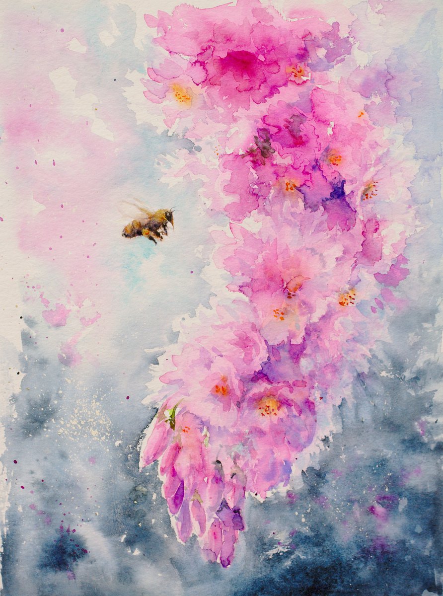 Impressionistic Botanical Watercolour By Eve Mazur, 16 X 20, Honey Bee, Original Artwork