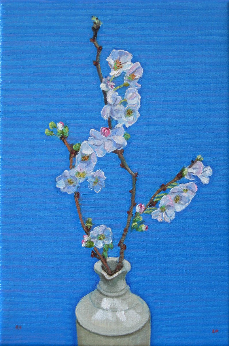 Botanical Oil Painting By Richard Gibson, 8 X 12", Sprig Of Winter Flowering Cherry, Original Artwork