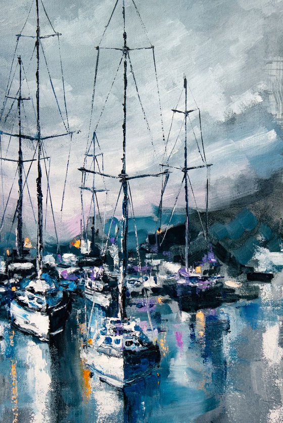 "Sailboats in the harbor" yachts at sea, landscape