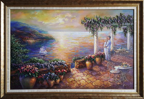 Romantic evening, Amalfi Coast, large romantic painting original oil