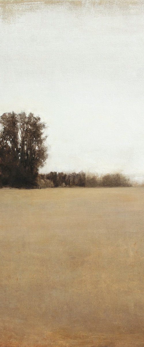 Morning Mist Gold 211120, earth tones tonal landscape with trees by Don Bishop