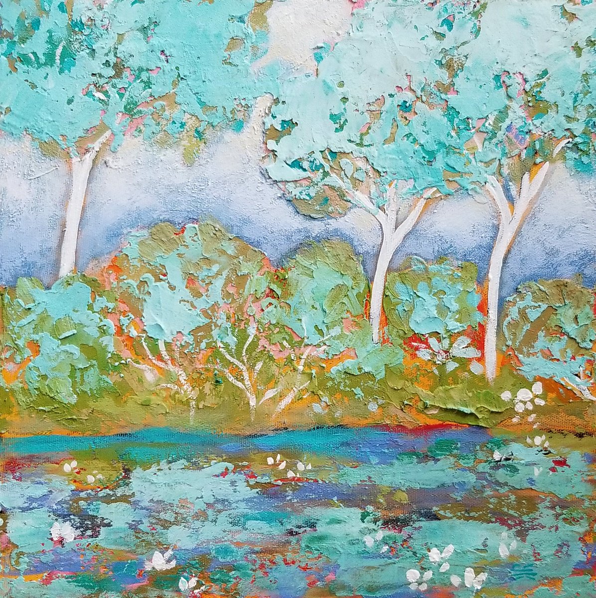 Impressionistic Landscape Acrylic Painting By Karen Rieger, 12 X 12", Blue Forest Symphony, Original Artwork