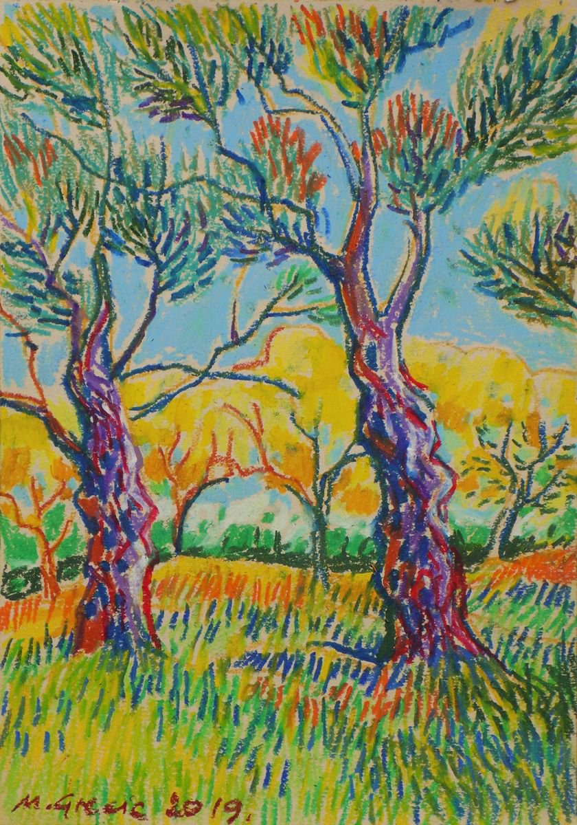 Impressionistic Pastel Drawing , Sunny Olive Orchard By Maja Grecic, 8 X 12, Artwork For Sale On Artfinder
