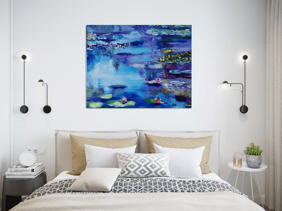 Water Lilies  92 x 76 x 2 cm inspired by Claude Monet  water reflections, purple, turquoise, blue sky