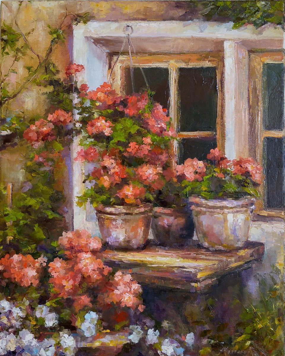 Impressionistic Botanical Oil Painting By Alexander Koltakov, 16 X 20, Charming Corner, Original Artwork