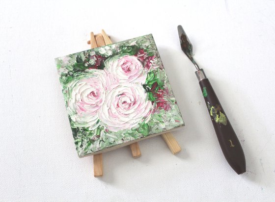 Roses - Pinkish white roses - Palette knife - textured oil painting on mini canvas and easel - gift art