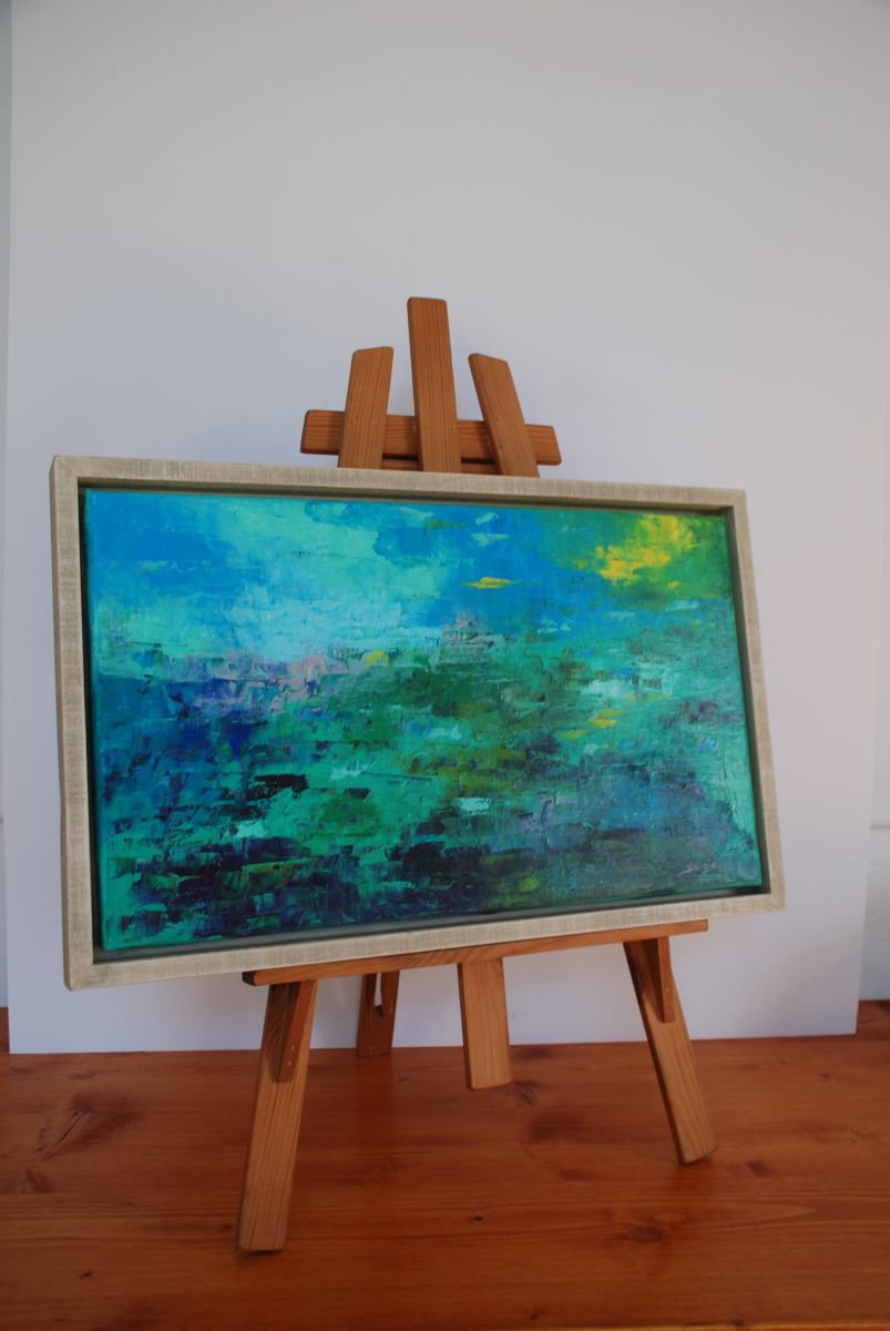 Abstract Landscape Oil Painting By Saroja Van Der Stegen, 20 X 12", Green Landscape (Ref#:849-8M), Original Artwork