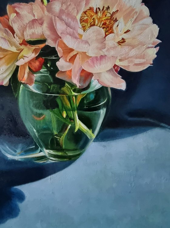 "Coral flashes. " peonies  flower  liGHt original painting  GIFT (2021)