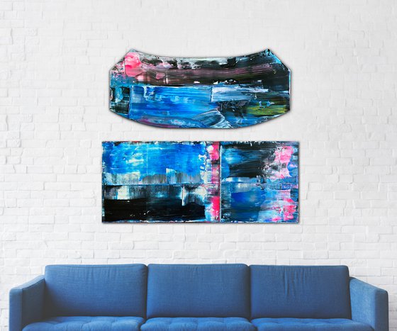 Sturm Und Drang - Original PMS Abstract Acrylic Painting Diptych On Recycled Wood and Wooden Desk Panels - 48" x 40"