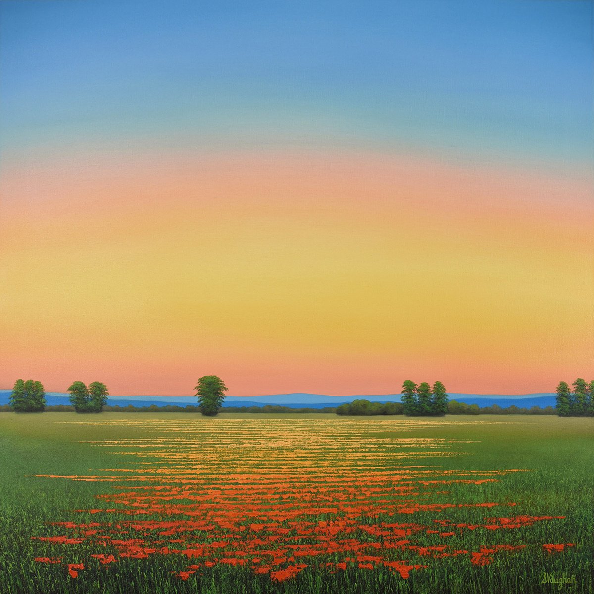 Impressionistic Landscape Oil Painting By Suzanne Vaughan, 30 X 30", Twilight Glow - Flower Field, Original Artwork