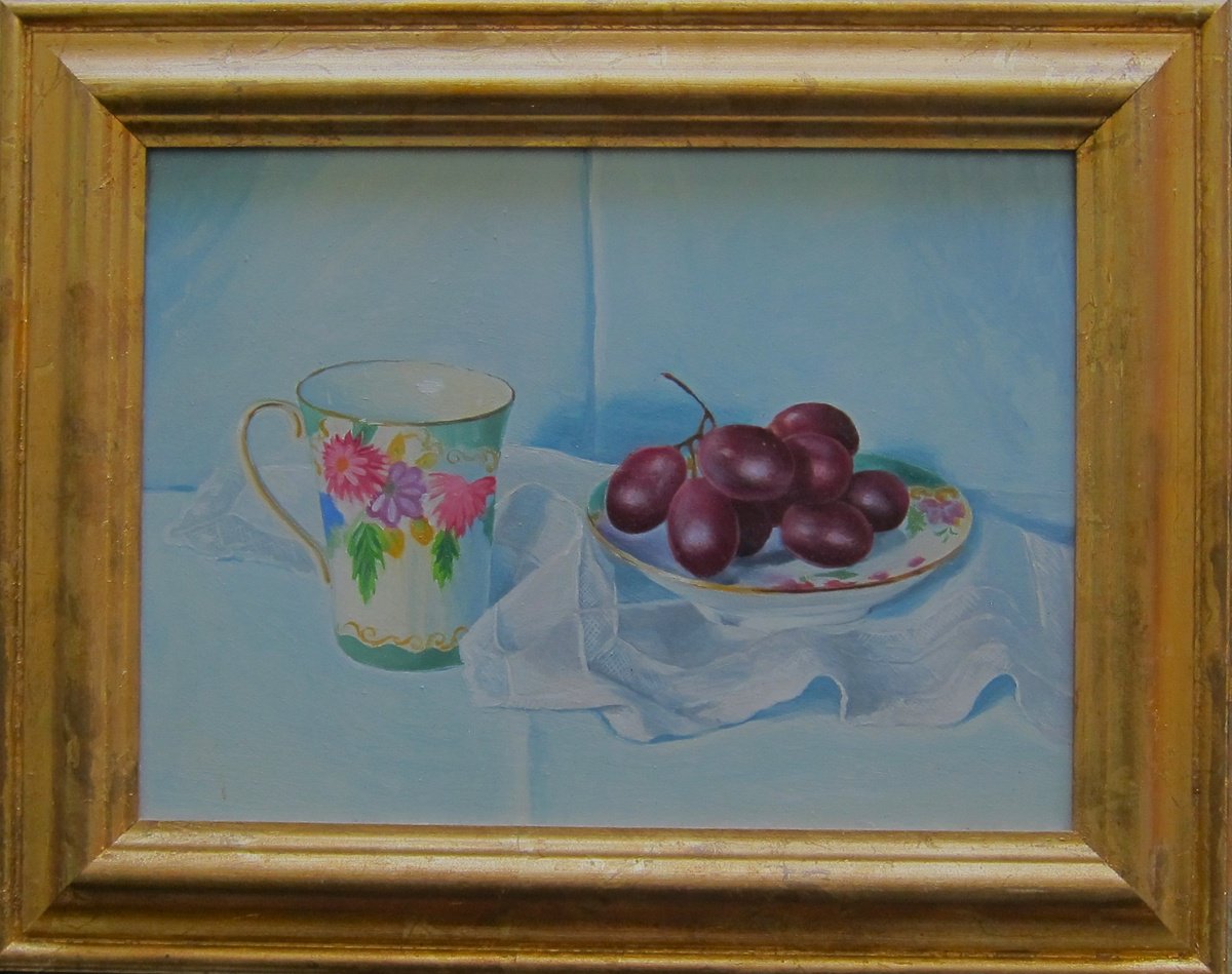 Still Life Oil Painting By Sophie Colmer-Stocker, 13 X 11", Still Life With Grapes, Original Artwork
