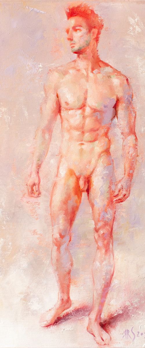 A Study of a Standing Nude Male Model by Yaroslav Sobol - (Modern Impressionistic Figurative Oil painting of a Man Gift Home Decor) by Yaroslav Sobol