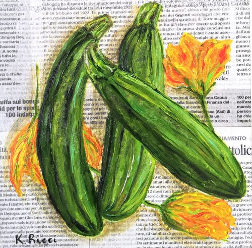 "Zucchini Flowers on Newspaper" Original Oil on Canvas Board Painting 8 by 8 inches (20x20 cm) by Katia Ricci
