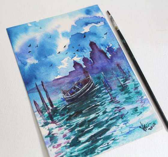 Beautiful Venice in the morning - My First Watercolor painting - Italy - famous places - architecture - gift - city of love