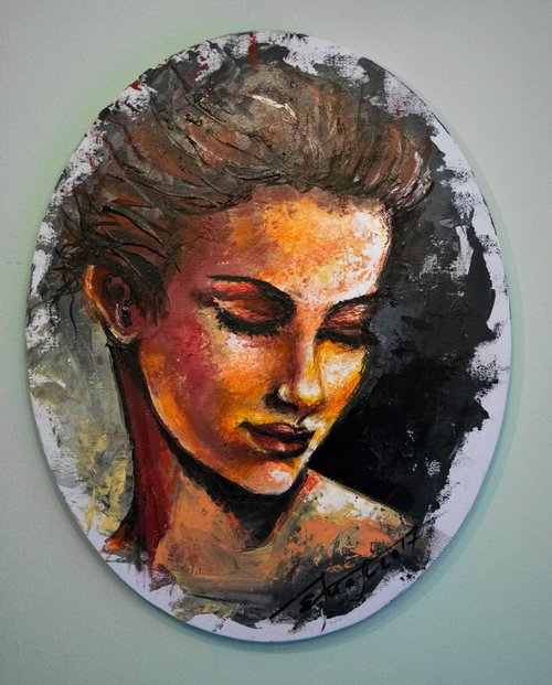 "Simple beauty" Original acrylic painting on  oval canvas 40x50x2cm by Elena Kraft