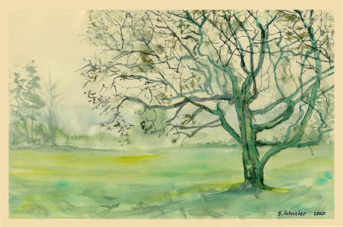 Impressionistic Landscape Watercolour By Yulia Schuster, 12 X 8", Green Day, Original Artwork