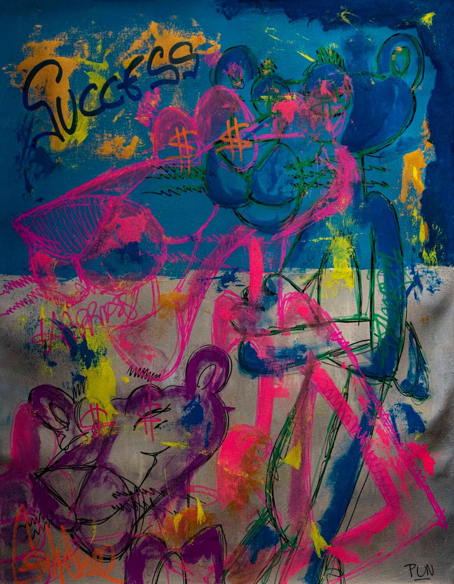 Urban And Pop Landscape Acrylic Painting By Carlos Pun Art, 28 X 35, Happiness States Of Success Ft. Pink Panther, Artfinder