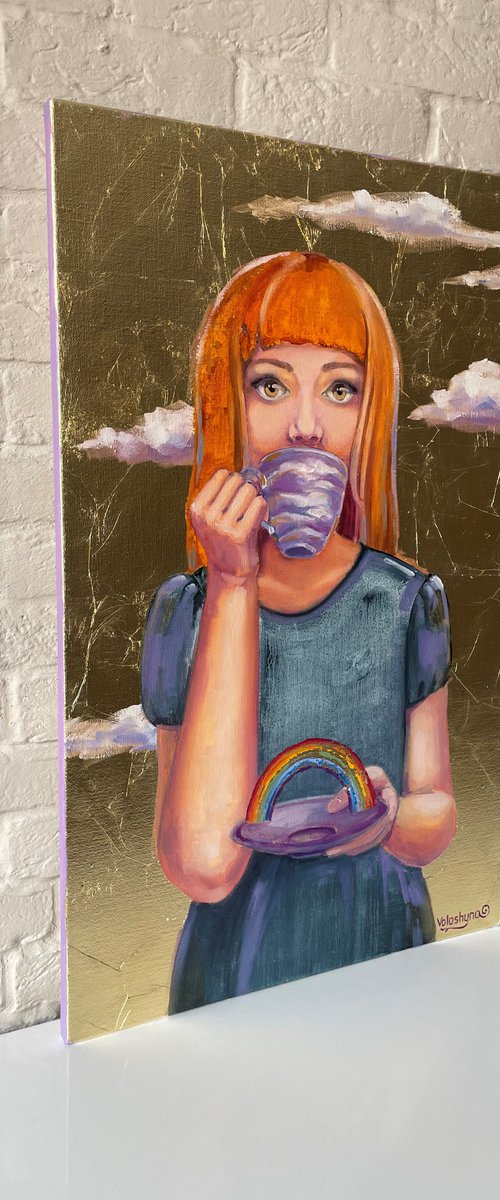 "Rainbow on a saucer". Portrait. Girl. The girl is drinking. Female by Mary Voloshyna