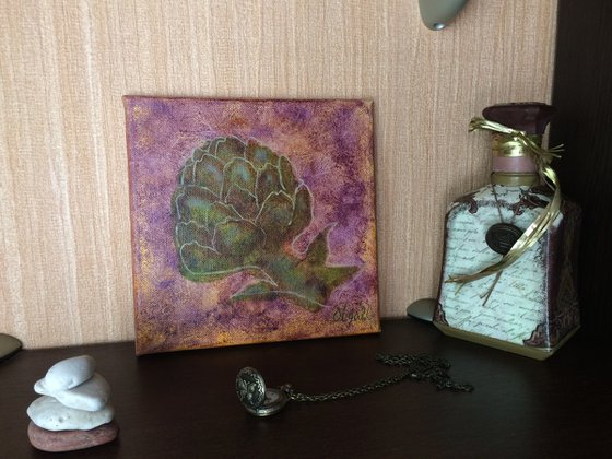 Flower oil painting - Artichoke original small canvas - Food wall art - Kitchen shelf painting