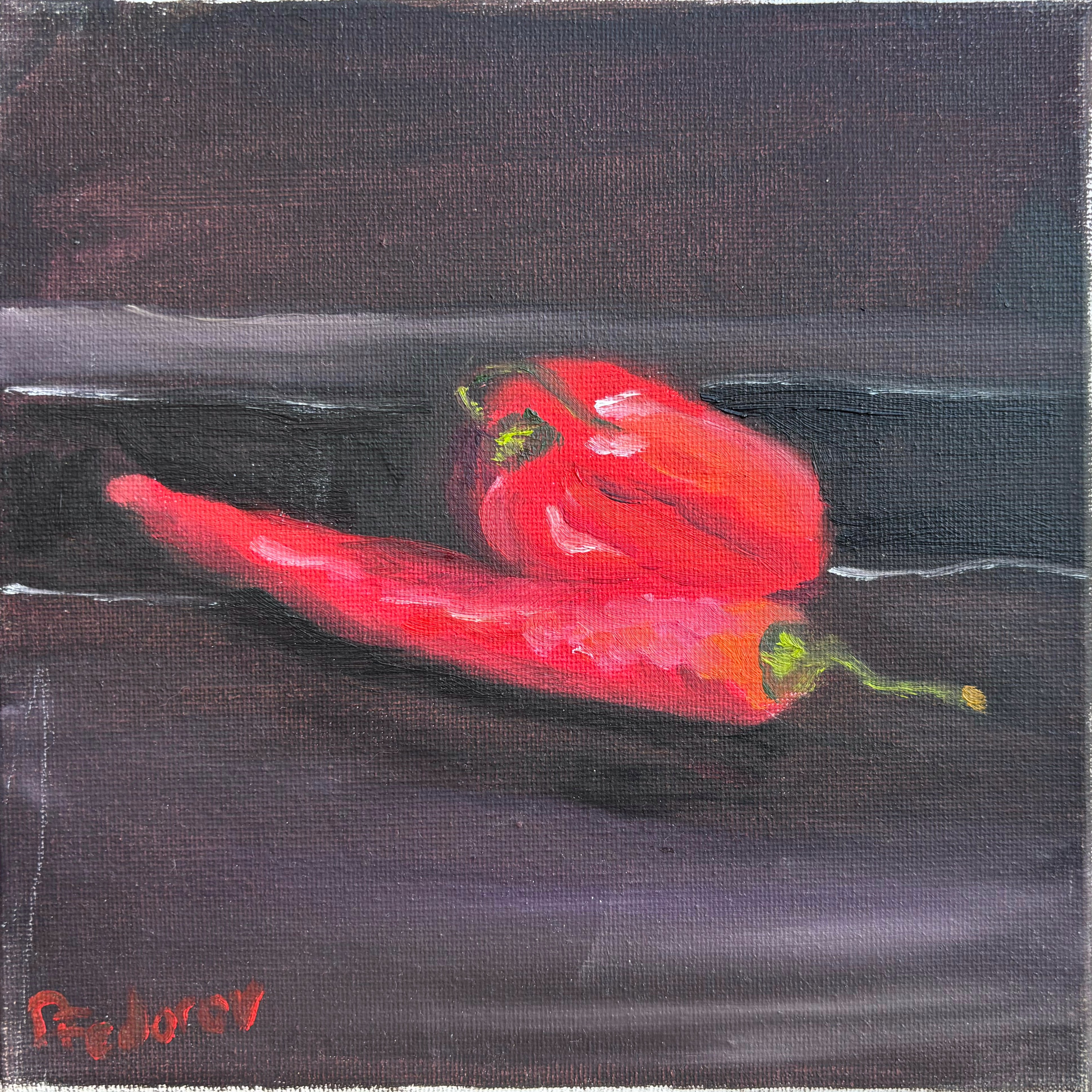 Impressionistic Still Life Oil Painting By Dmitry Fedorov, 8 X 8, Still Life With Red Peppers, Original Artwork