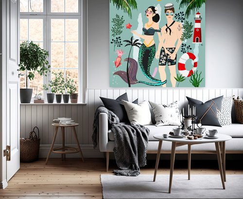 The Sailor and the Mermaid N°2 - Art-Deco - Summer - XLarge painting by Artemisia