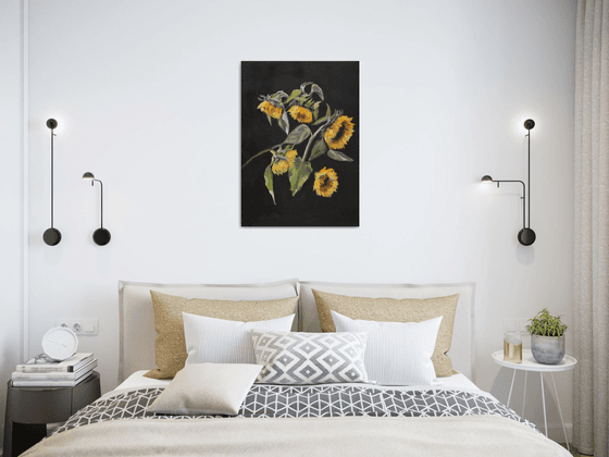 Yellow Sunflowers on the dark background impressionism Home Decoration Expression Love dynamics Energy energetic painting elegant flower painting
