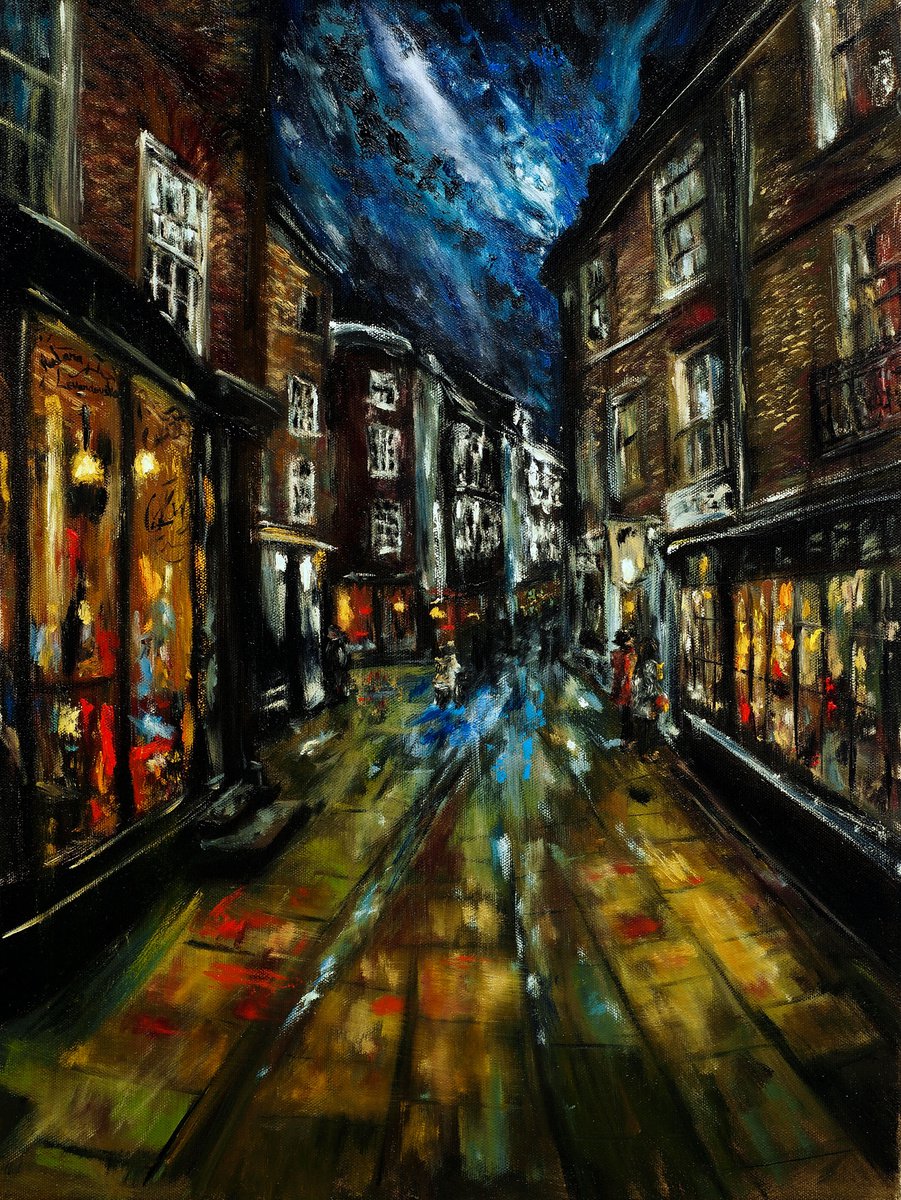 Impressionistic Cityscapes Oil Painting By Ruslana Levandovska, 18 X 24", Moon Kissed Streets Of York, England, Original Artwork