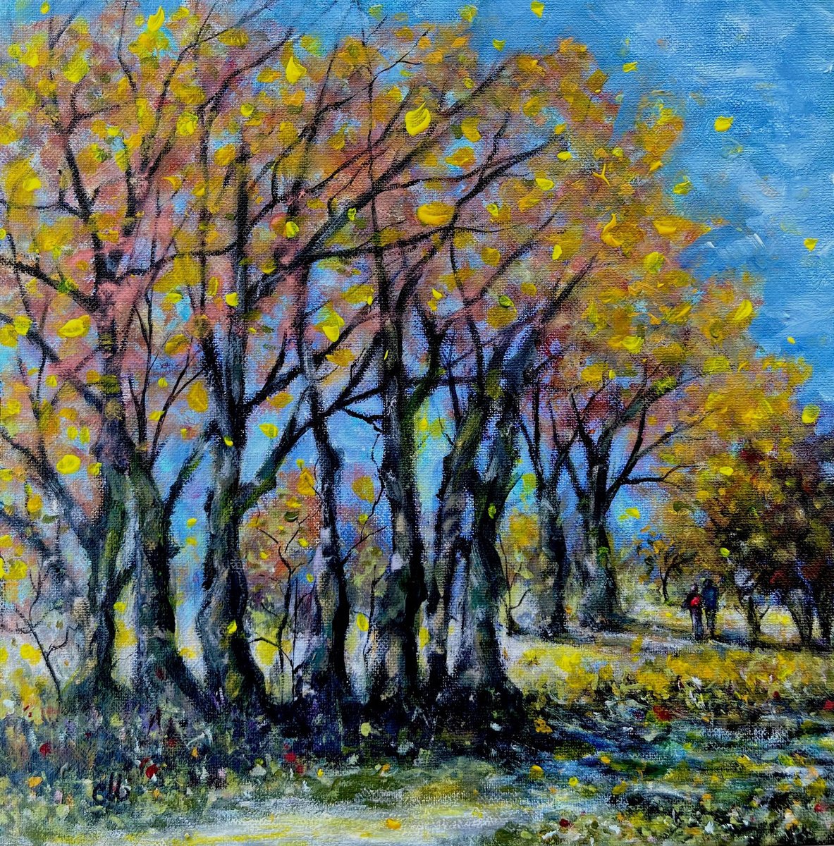 Impressionistic Landscape Acrylic Painting By Cristina Mihailescu, 12 X 12, When Trees Tell Stories, Original Artwork