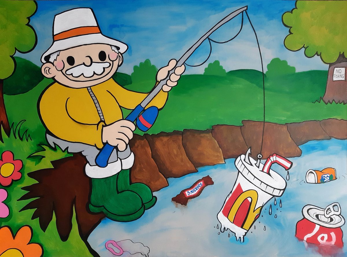 Cartoon Portrait Acrylic Painting By Ross Hendrick, 33 X 23", No Fishing, Original Artwork