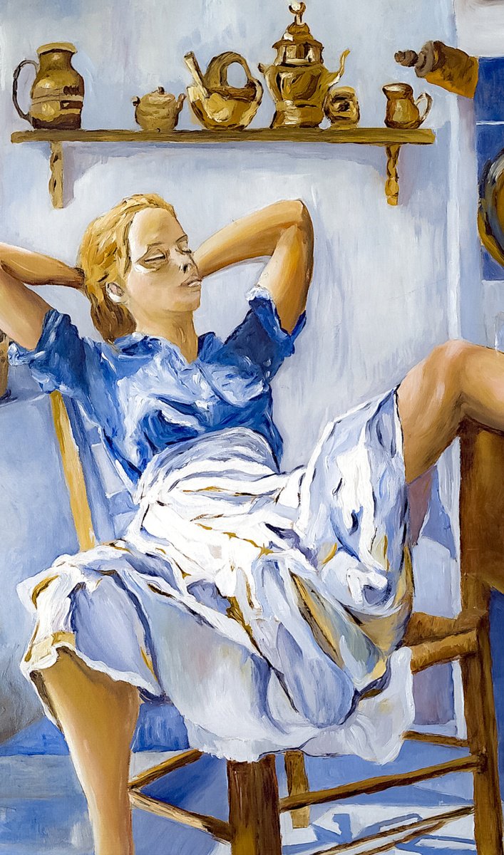 Expressive Oil Painting , Blue Kitchen Siesta By Felix Rubio, 30 X 30, Artwork For Sale On Artfinder