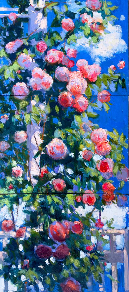 Impressionistic Botanical Oil Painting By Khanlar Asadullayev, 16 X 35", Roses And Summer Sky, Original Artwork
