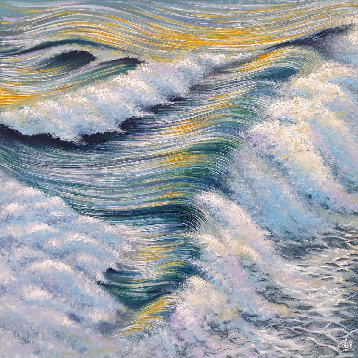 Impressionistic Landscape Oil Painting By Anna Shabalova, 31 X 31, Solar Waves, Original Artwork