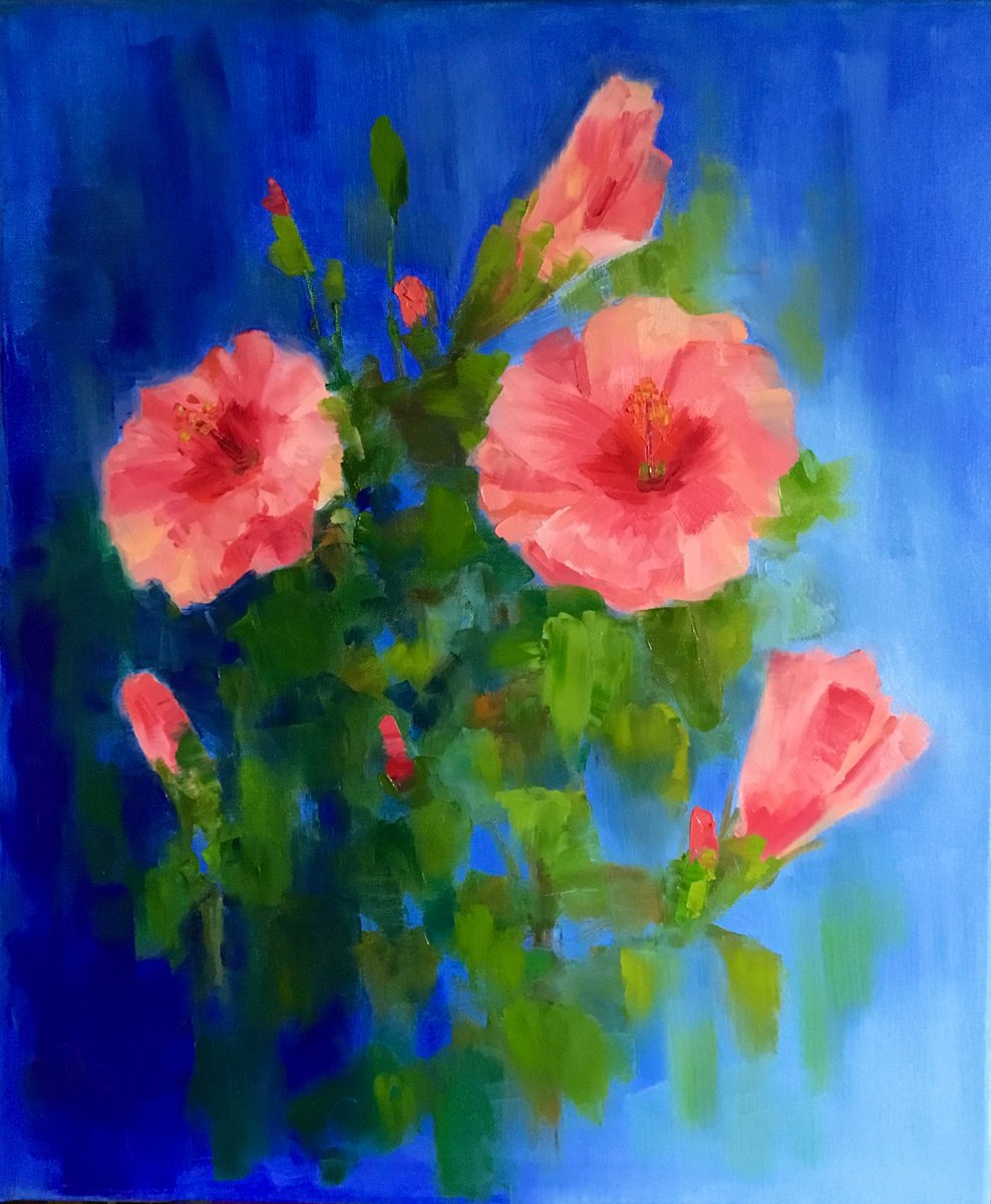 Impressionistic Botanical Oil Painting By Vera Klimova, 20 X 24", Hibiscus, Original Artwork