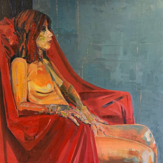 "Naked Lady Seated on Red Drapes"