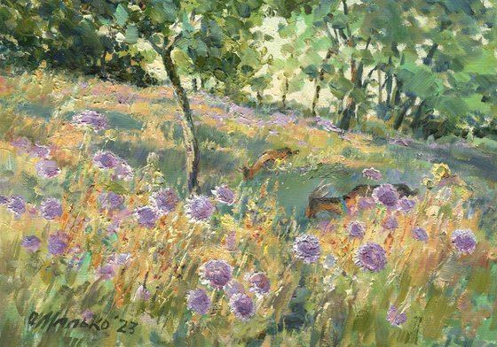 Ukrainian Provence. Goats among lavender color flowers / ORIGINAL oil painting. Plain air summer landscape ~ 14x10in (35x25cm)