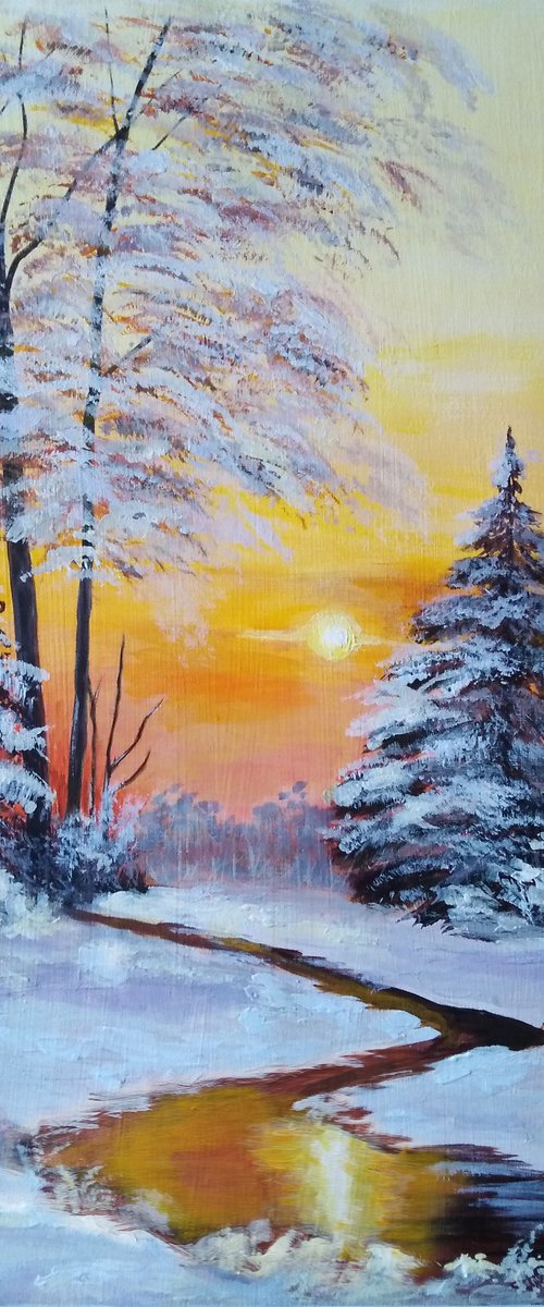 Sunset over a winter stream by Liubov Samoilova