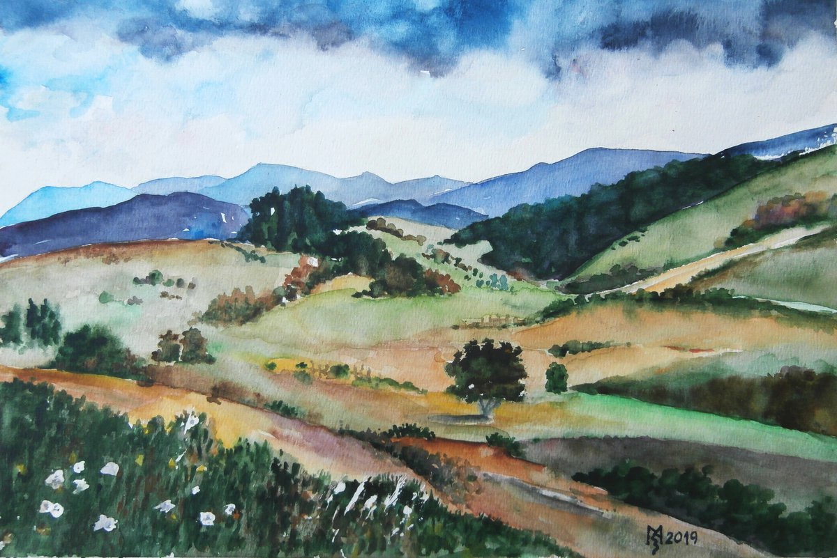 Impressionistic Landscape Watercolour By Zoran Mihajlovic Muza, 11 X 7", Hilli Landscape, Original Artwork