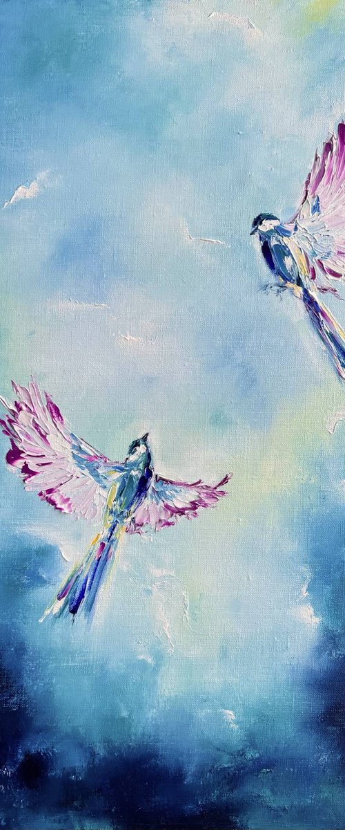 ETERNAL LOVE IN HEAVEN - Beauty. Birds. Pair. Flight. Meeting. Fairy tale. Sweep. Sky. by Marina Skromova