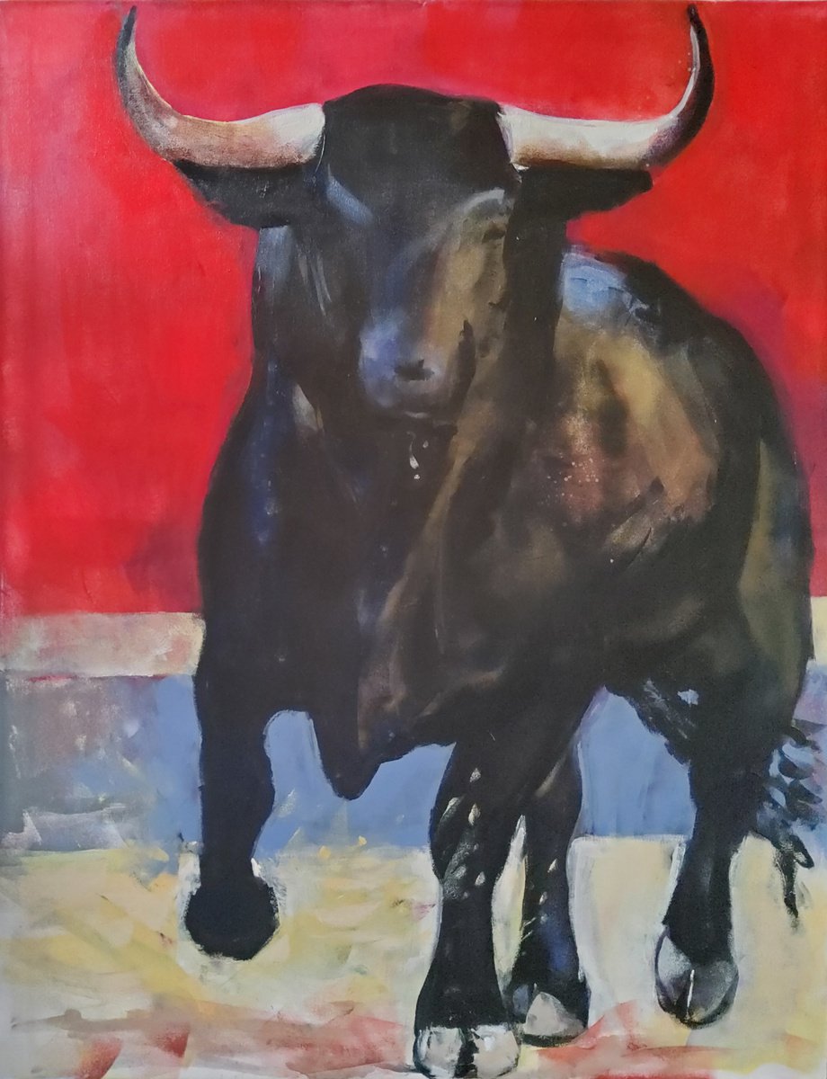 Expressive Animal Acrylic Painting By Marina Del Pozo, 28 X 37", Toro Series 9, Original Artwork