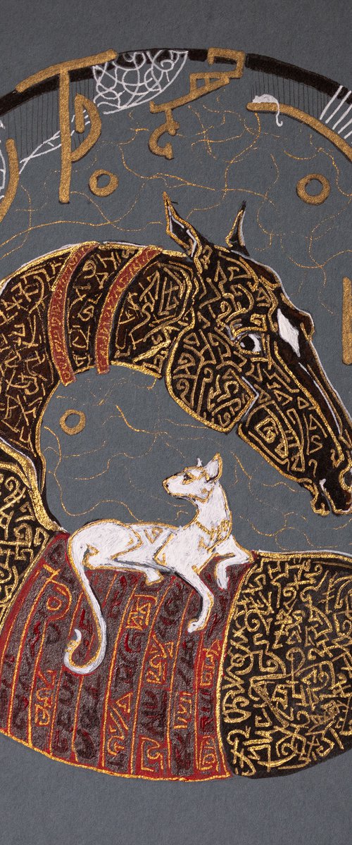 "Akhal Teke horse and white cat" by Fefa Koroleva