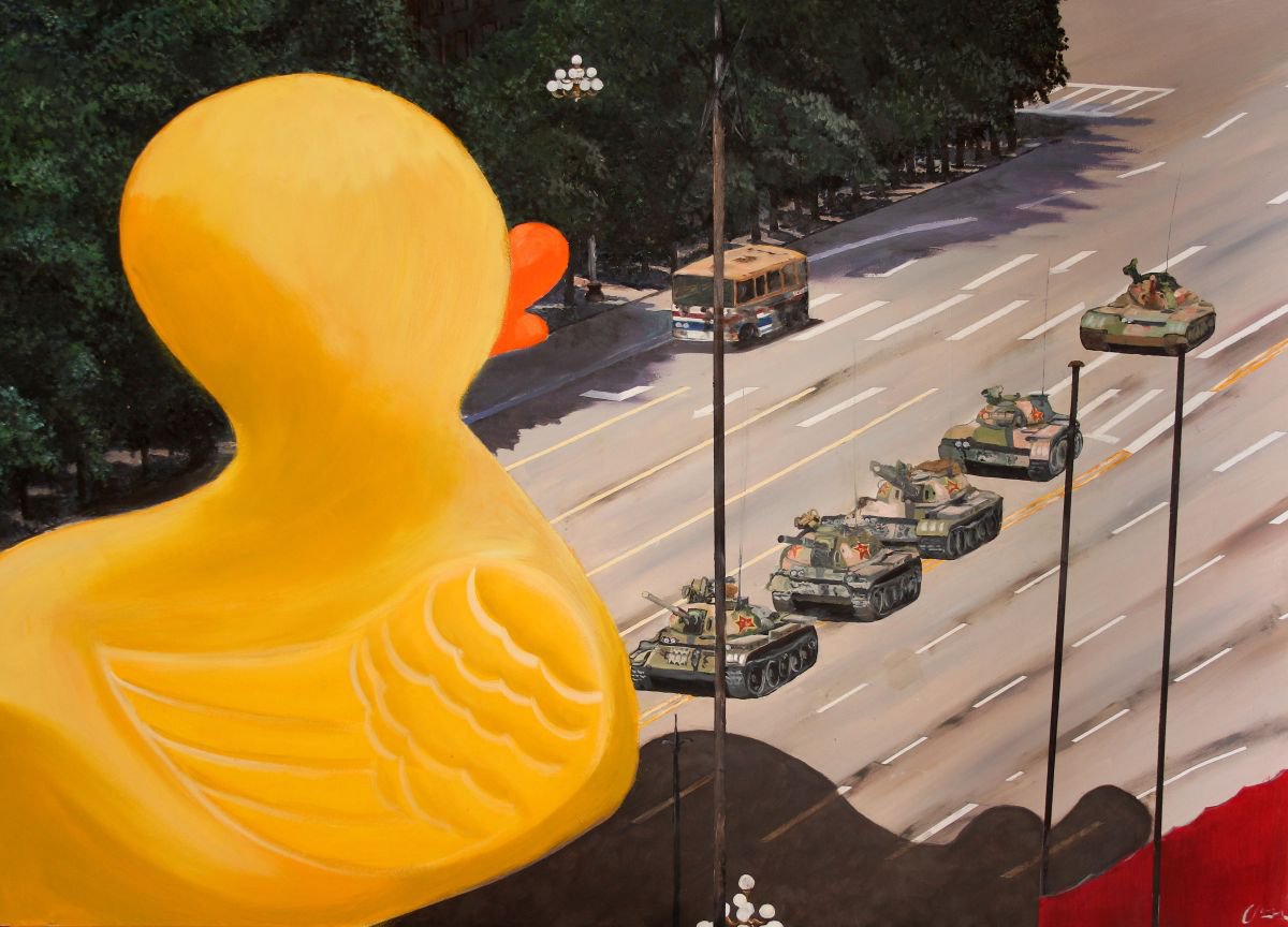 Photorealistic Cityscapes Oil Painting By Ken Vrana, 48 X 34", Tiananman Ducky, Original Artwork