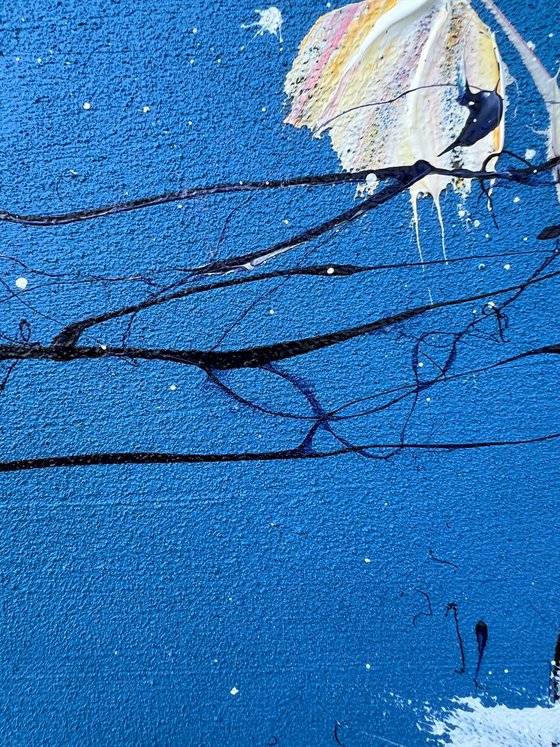 Square acrylic painting "Floral September” deep blue art