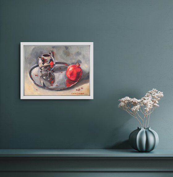 Pomegranate with Silver Teapot on a silver tray still life