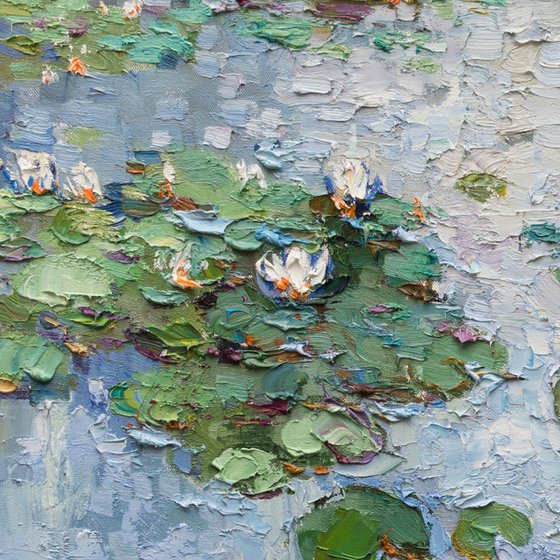 White Water Lilies - Large Original Oil painting 120 x 70 cm