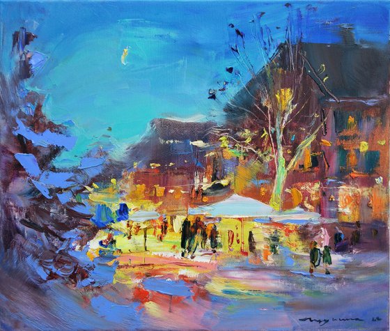 Landscape Christmas holidays | Festive atmosphere in city | Christmas little series | Original oil painting