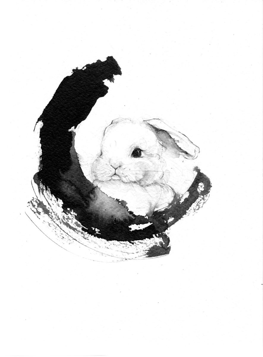 Expressive Animal Ink Drawing By Doriana Popa, 7 X 9, Moon_Bunny, Original Artwork