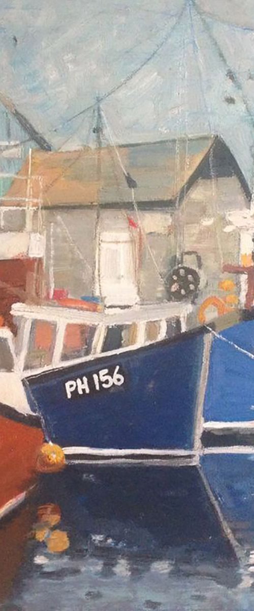 Three boats in a harbour by Jo Sharpe